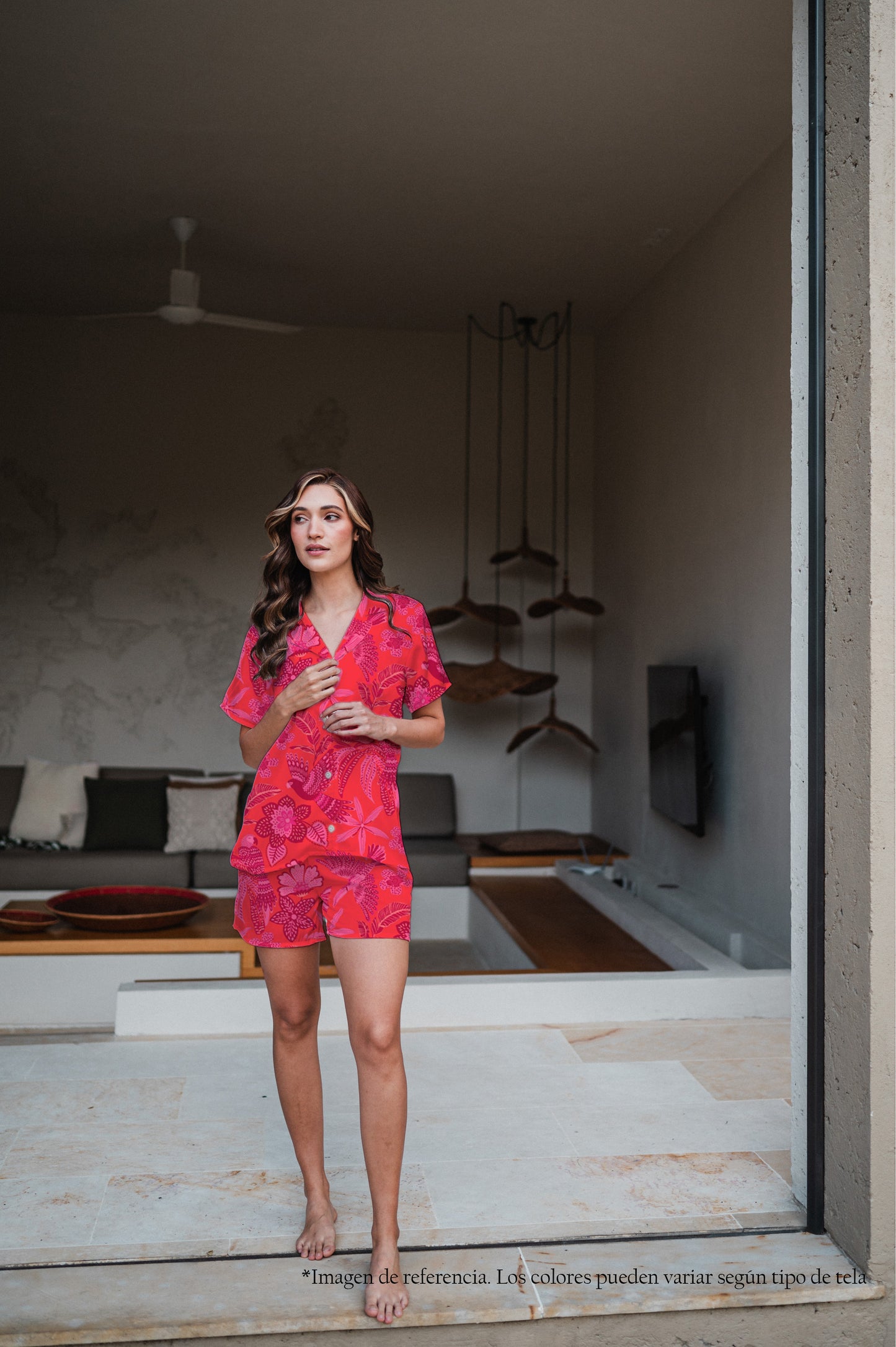 Amazonas Carmesí | Camisa Manga Corta y Short Pijama Mujer Elegante Bambula
