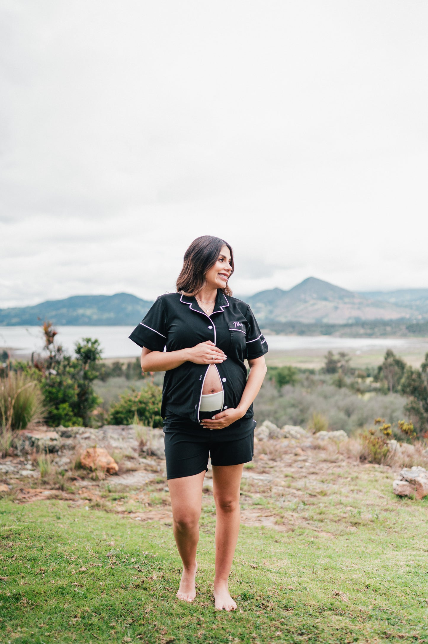 Negro Algodón - Camisa Manga Corta y Short Maternidad 3 Bordados