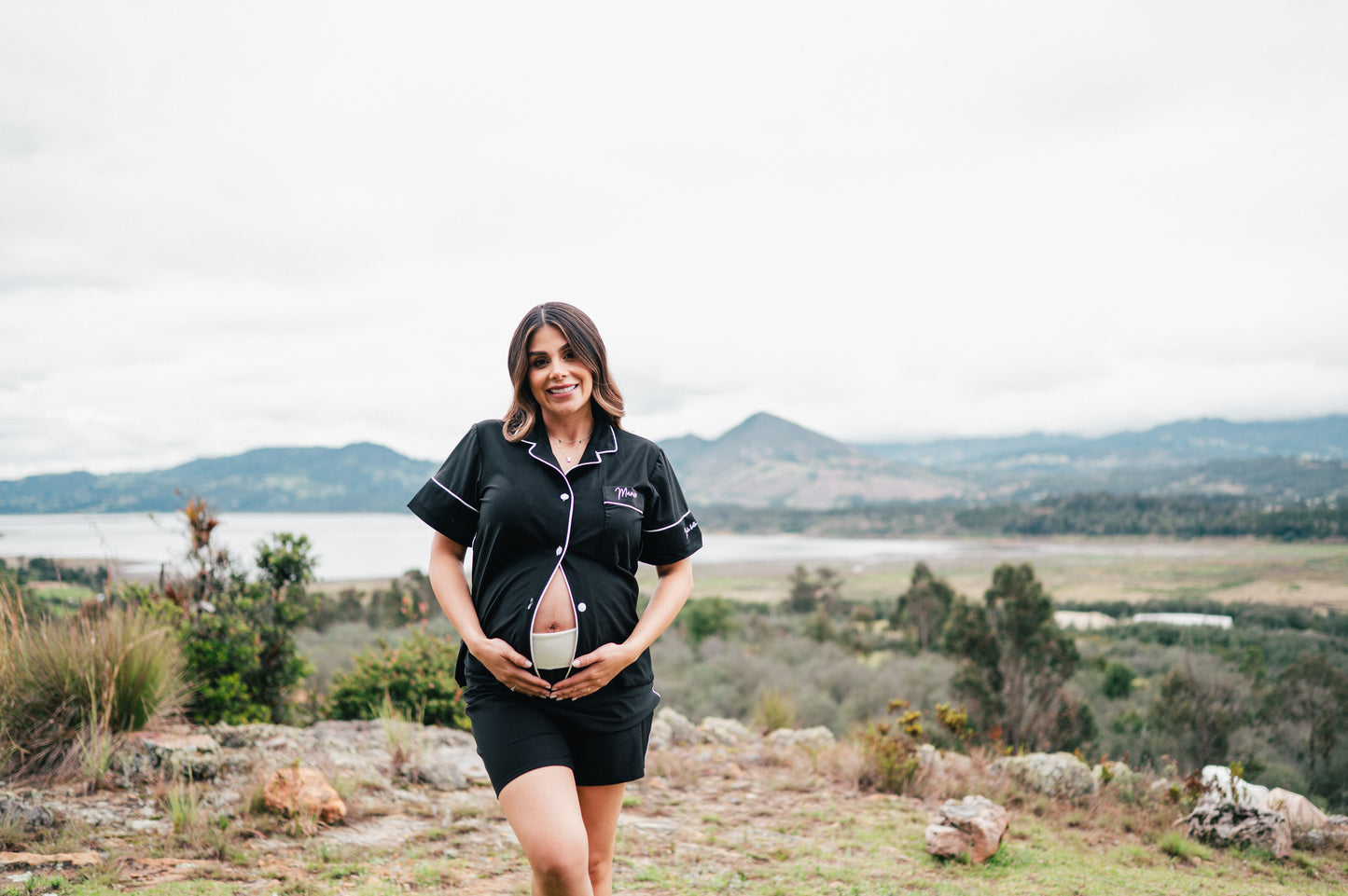 Negro Algodón - Camisa Manga Corta y Short Maternidad 3 Bordados