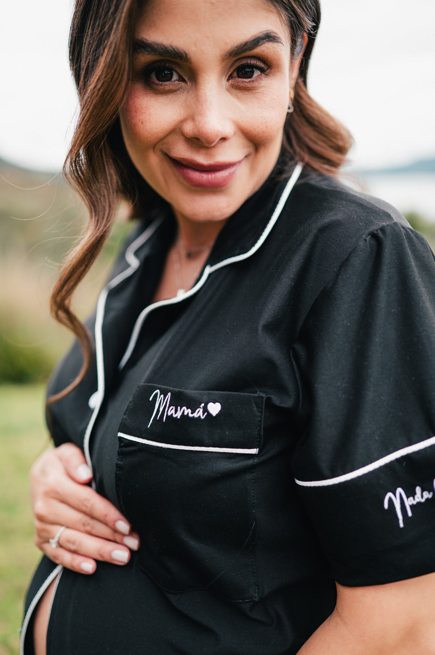 Negro Algodón - Camisa Manga Corta y Short Maternidad 3 Bordados