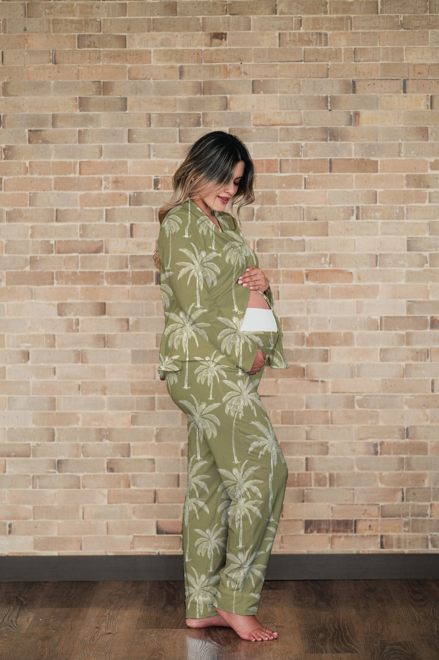 Palma Tropical Oliva - Camisa Manga Larga y Pantalon Maternidad