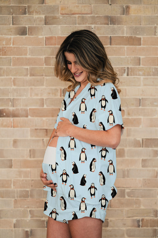 Pinguinos Celeste - Camisa Manga Corta y Short Maternidad