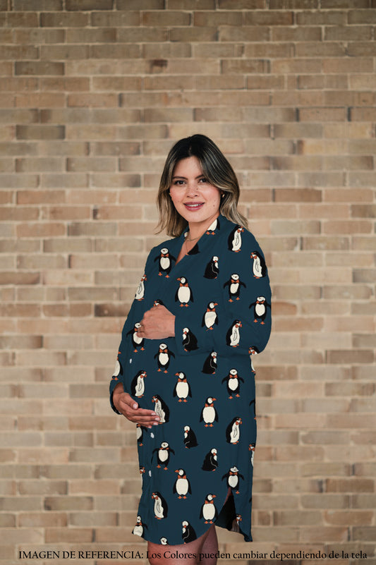 Pinguinos Azul Oscuro - Camison Manga Larga Maternidad