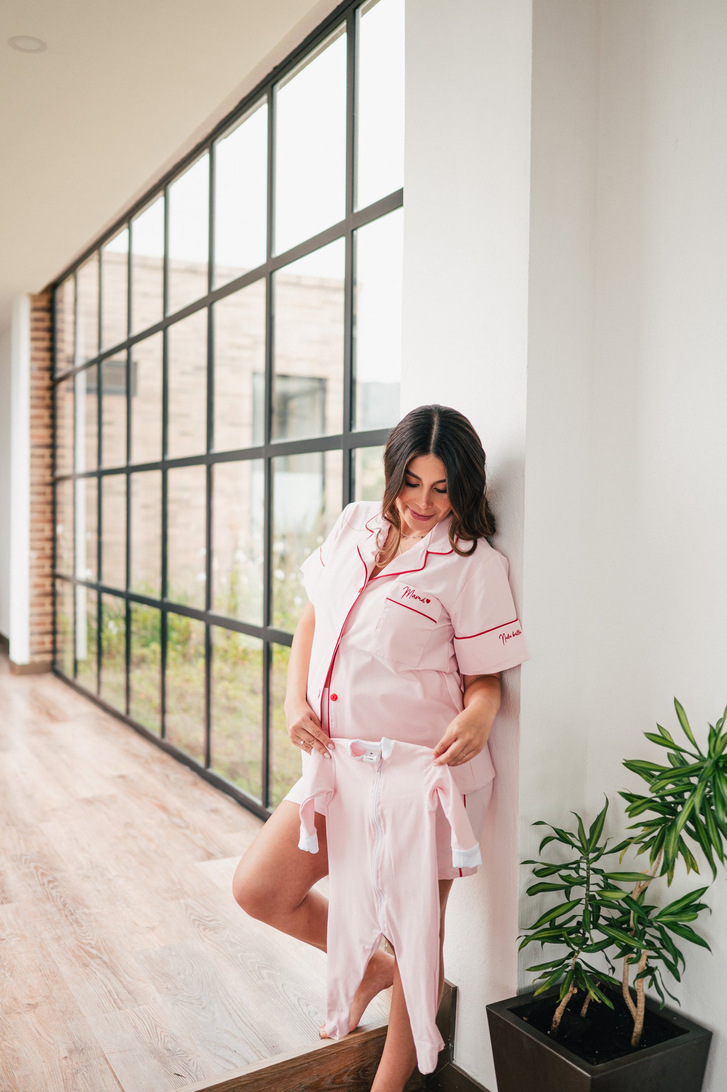 Rosado Algodón 3 Bordados - Camisa Manga Corta y Short Maternidad