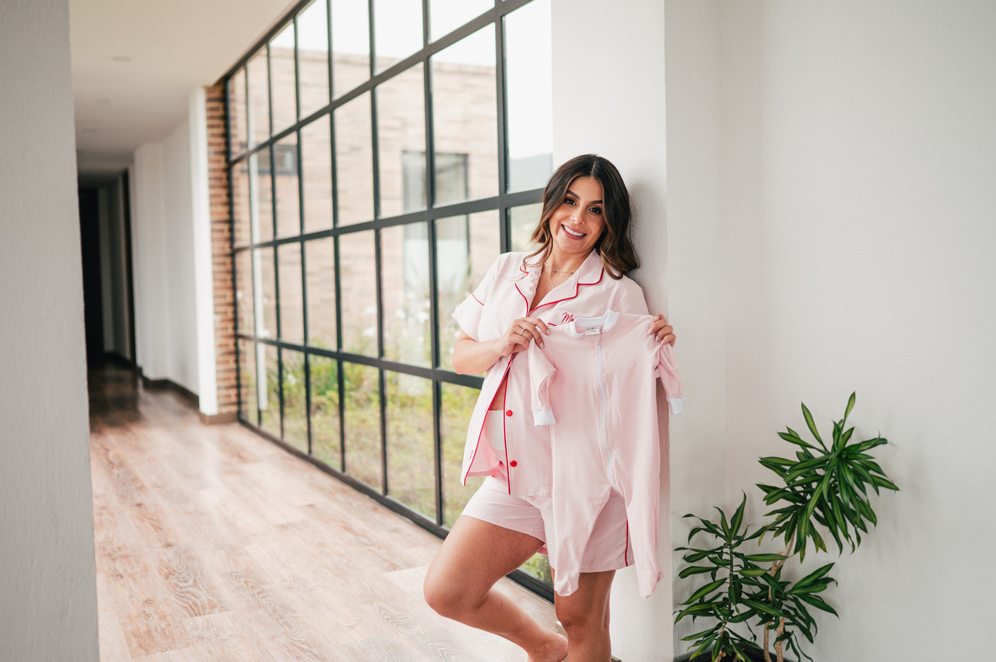 Rosado Algodón 3 Bordados - Camisa Manga Corta y Short Maternidad