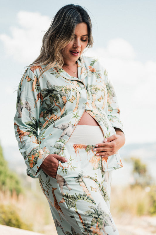 Selva Hindu Azul - Camisa Manga Larga Y Pantalon Ancho Maternidad