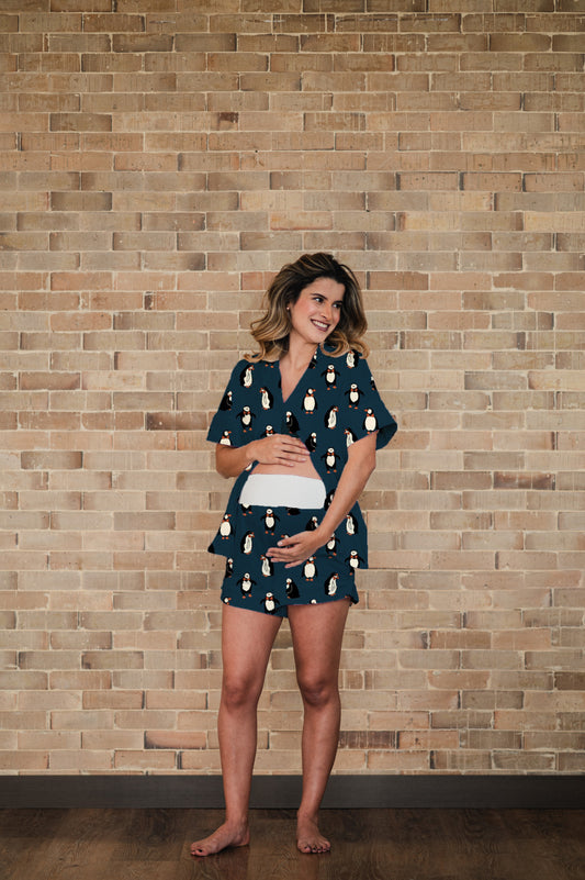 Pinguinos Azul Oscuro - Camisa Manga Corta y Short Maternidad