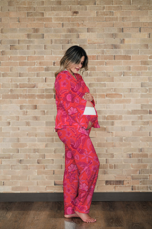 Amazonas Carmesí | Camisa Manga Larga y Pantalón Pijama Maternidad Mujer Bambula