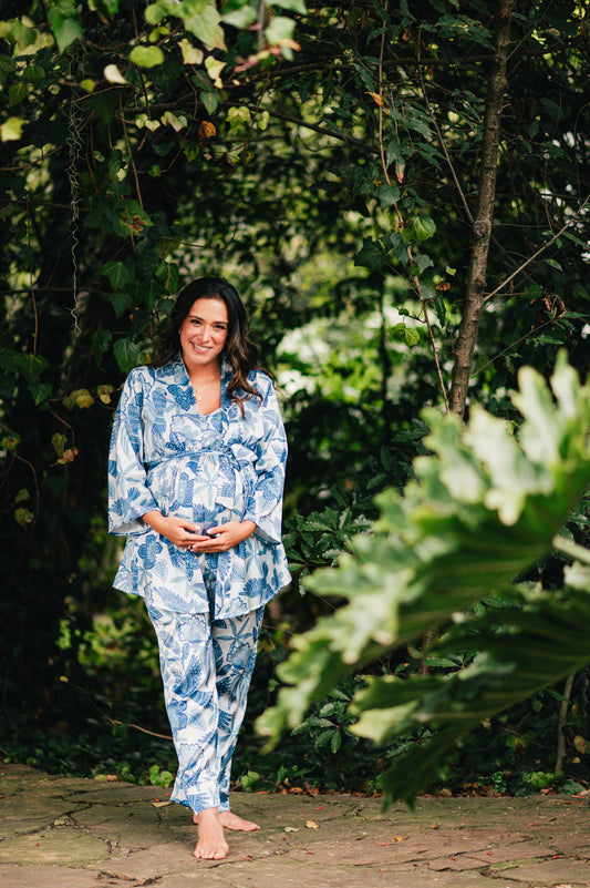 Amazonas Celeste - Tres Piezas levantadora, Tiritas con Broche Lactancia y Pantalon Maternidad