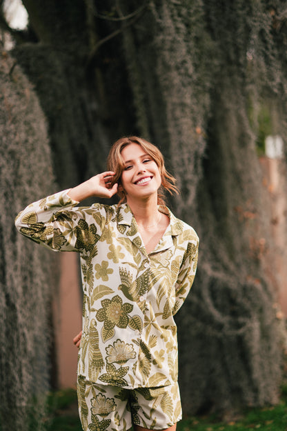 Amazonas Verde | Camisa Manga Larga y Short Pijama Mujer Bambula