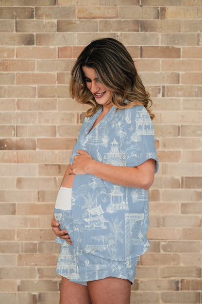 Casita China Celeste - Camisa Manga Corta y Short Maternidad