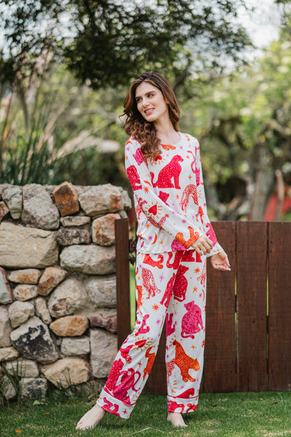 Fantasia Felina Blanco - Cuello Redondo Manga Larga y Pantalon