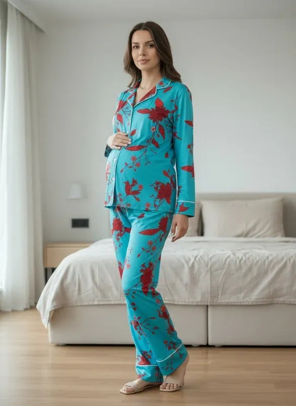Floral Turqueza - Camisa + Pantalon Maternidad  de lado