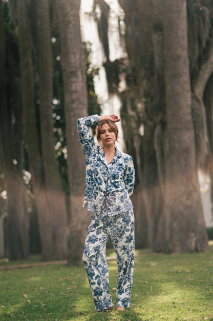 Lirios Azul | Camisa Manga Larga y Pantalón Pijama Mujer Elegante Bambula
