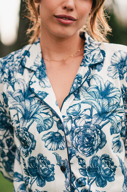 Lirios Azul | Camisa Manga Larga y Pantalón Pijama Mujer Elegante Bambula