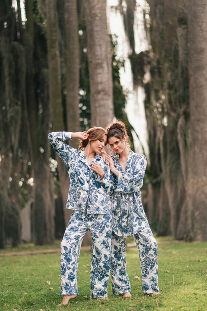 Lirios Azul | Camisa Manga Larga y Pantalón Pijama Mujer Elegante Bambula