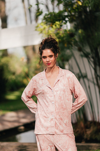 Lirios Palo Rosa | Camisa Manga Larga y Pantalón Bambula Pijama Mujer Elegante