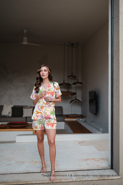 Paradise White Manga Corta y Short | Pijama Mujer Bambula