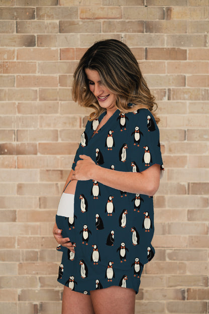 Pinguinos Azul Oscuro - Camisa Manga Corta y Short Maternidad