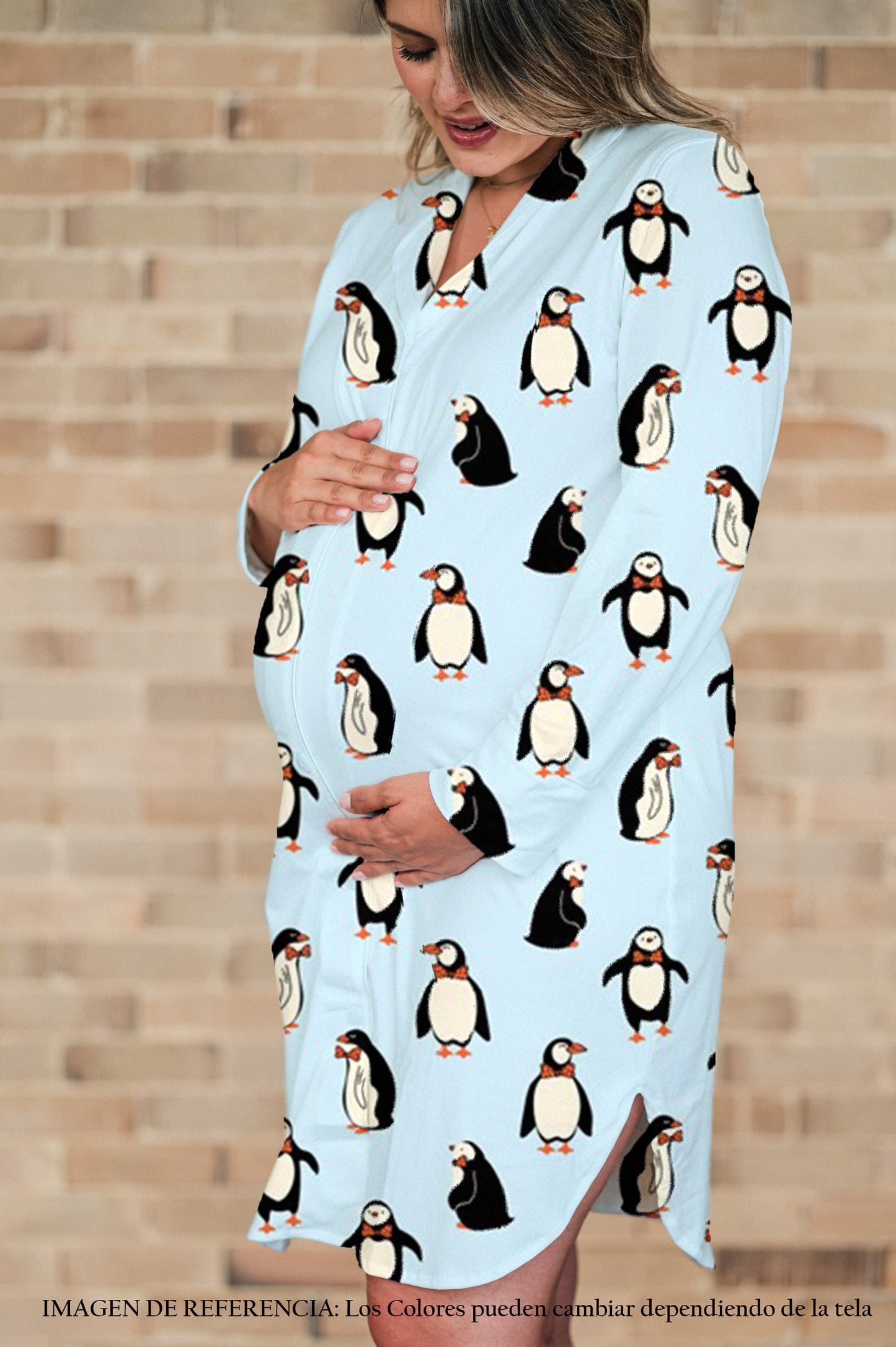 Pinguinos Celeste - Camison Manga Larga Maternidad