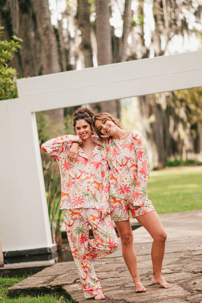 Paradise White | Camisa Manga Larga y Pantalón Pijama Mujer Elegante Bambula