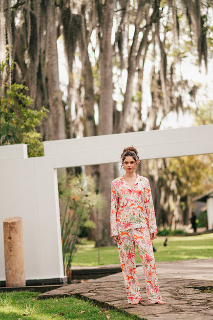 Paradise White | Camisa Manga Larga y Pantalón Pijama Mujer Elegante Bambula