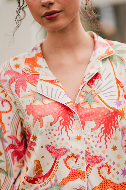 Paradise White | Camisa Manga Larga y Pantalón Pijama Mujer Elegante Bambula