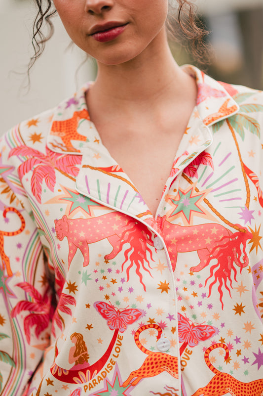 Paradise White | Camisa Manga Larga y Pantalón Pijama Mujer Elegante Bambula