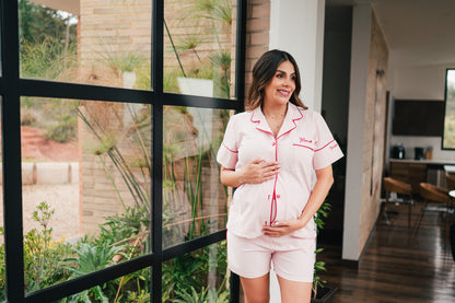 Rosado Algodón 3 Bordados - Camisa Manga Corta y Short Maternidad
