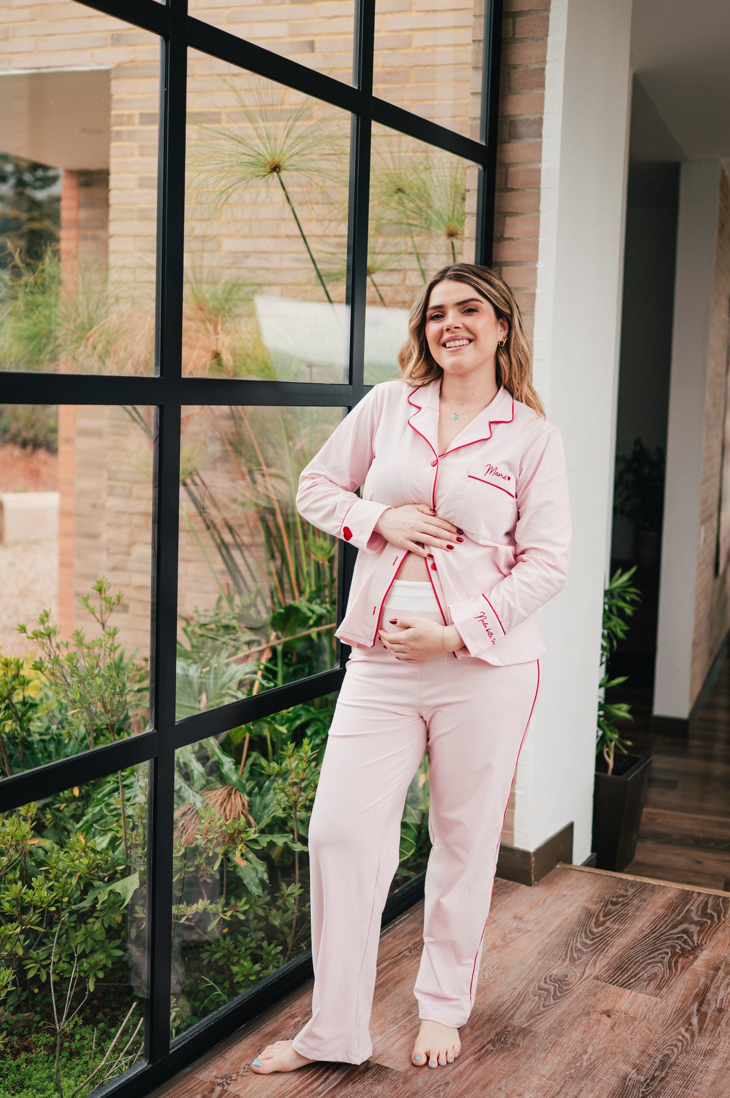 Rosado Algodón 3 Bordados - Camisa Manga Larga y Pantalon Maternidad