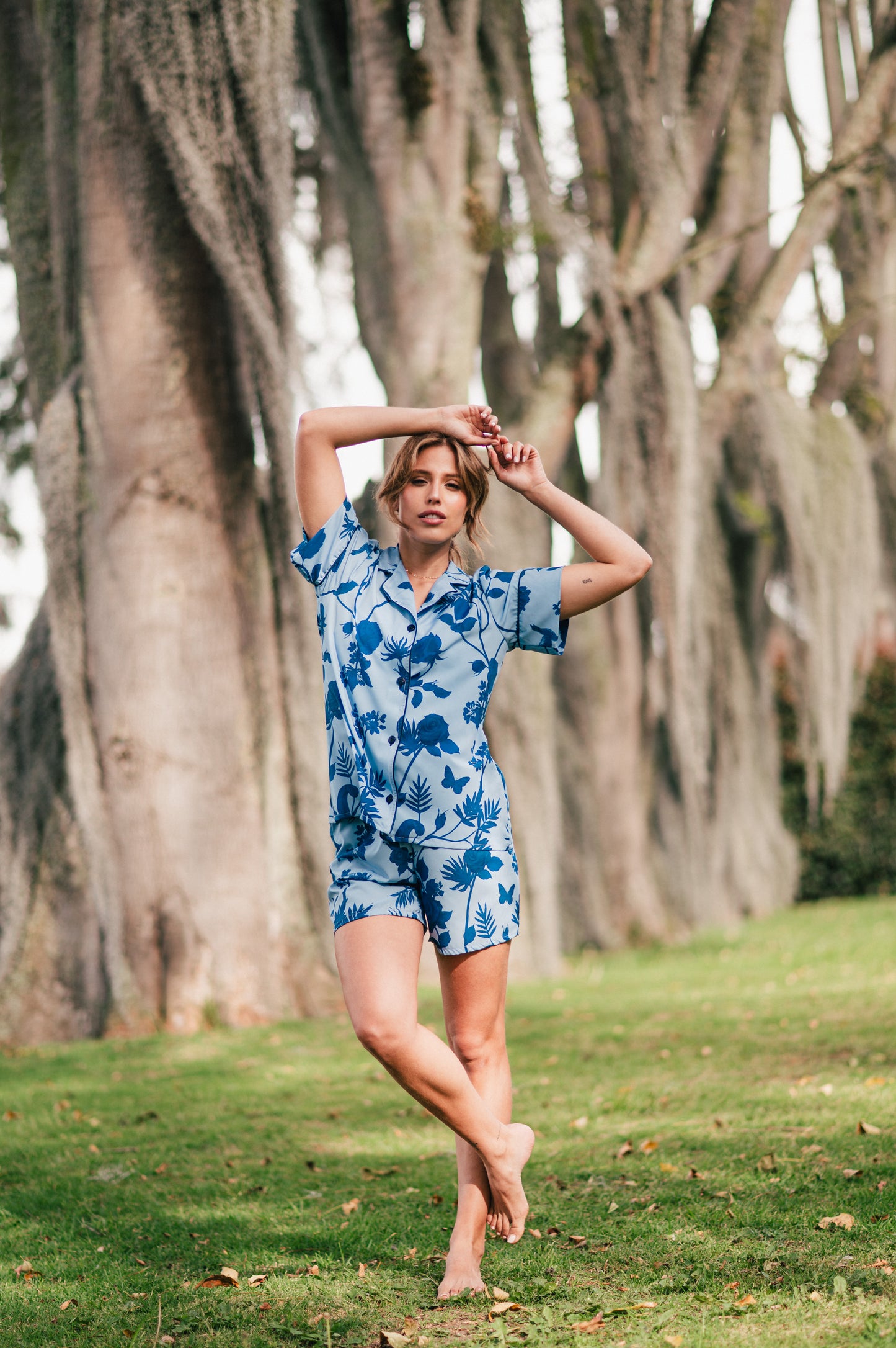 Rosal Celeste | Camisa Manga Corta y Short Pijama Mujer Elegante Bambula