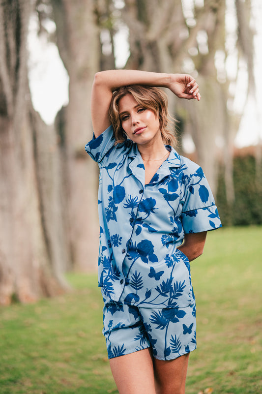 Rosal Celeste | Camisa Manga Corta y Short Pijama Mujer Elegante Bambula