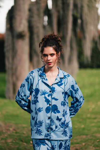 Rosal Celeste | Camisa Manga Larga y Pantalón Pijama Mujer Elegante Bambula