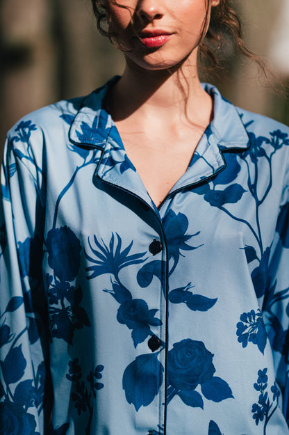 Rosal Celeste | Camisa Manga Larga y Pantalón Pijama Mujer Elegante Bambula