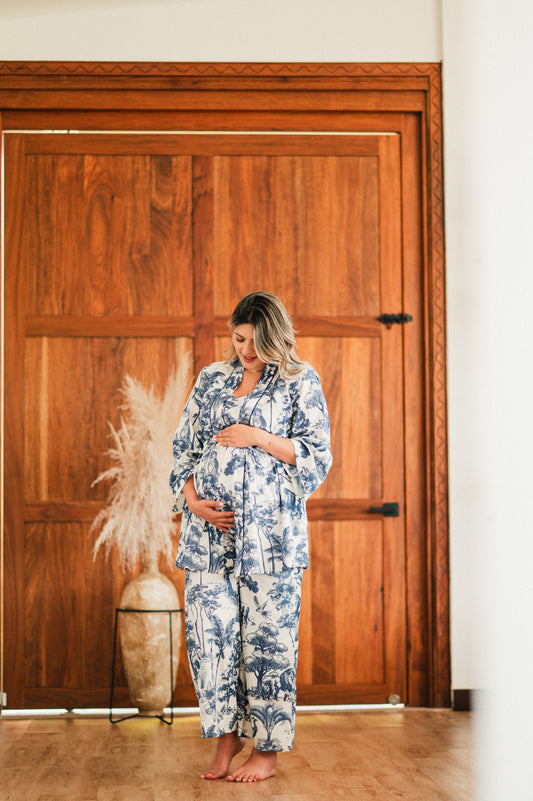 Selva Africana Azul - Tres Piezas con Broche Lactancia y Pantalon Maternidad