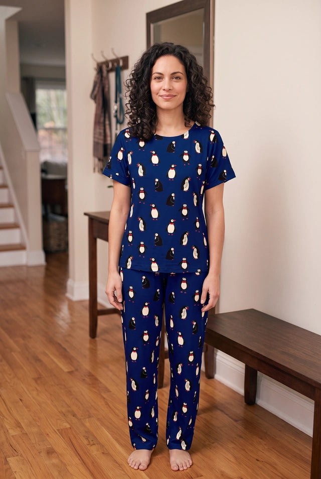 Pinguinos Azul Oscuro - Cuello redondo manga corta + pantalon
