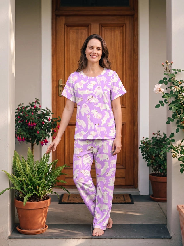 Jungle Animals Lilac - Cuello redondo manga corta + pantalon