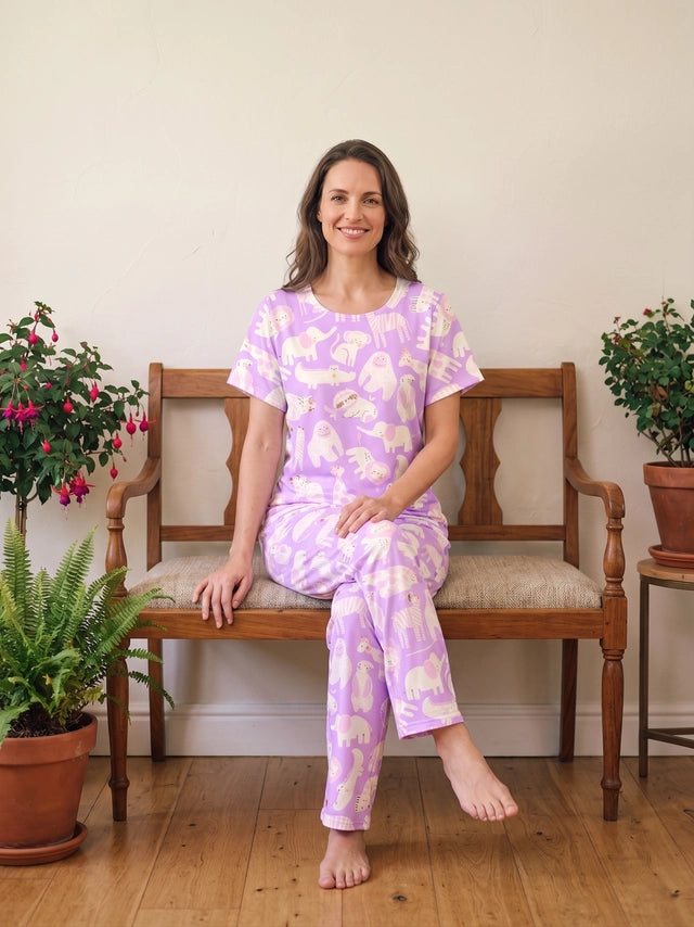 Jungle Animals Lilac - Cuello redondo manga corta + pantalon