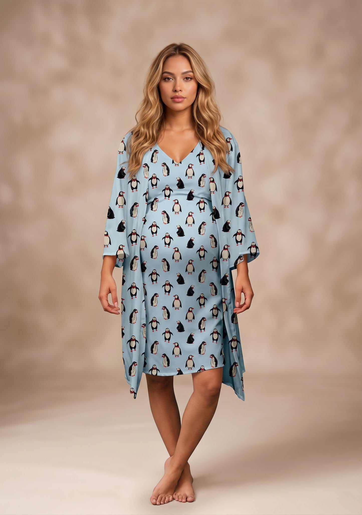 Pinguinos Celeste - Bata Lactancia y Kimono READY TO SHIP