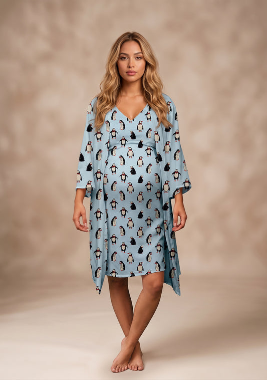 Pinguinos Celeste - Bata Lactancia y Kimono READY TO SHIP