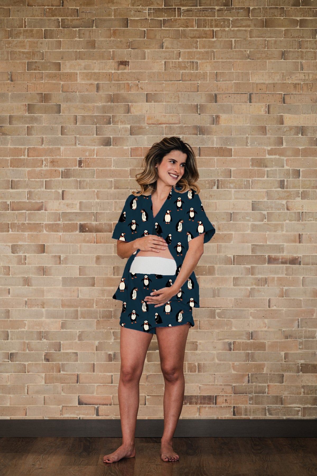 Pinguinos Azul Oscuro - Camisa Manga Corta y Short Maternidad